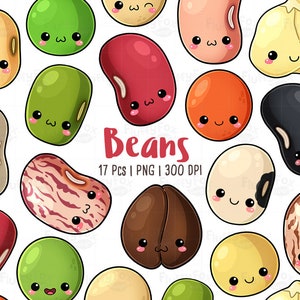 Kawaii Beans Clipart, Cute Bean Faces Clip Art, Seeds Cartoon Food Healthy Lentil Legume Design Vegetable Emoji Digital Graphic PNG Download image 1