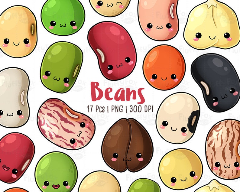 Kawaii Beans Clipart, Cute Bean Faces Clip Art, Seeds Cartoon Food Healthy Lentil Legume Design Vegetable Emoji Digital Graphic PNG Download image 1