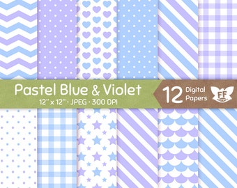 Pastel Blue and Purple Violet Digital Paper, Seamless Pattern Tileable Repeatable Background Soft Baby Shower Girl Boy Stars Hearts Download