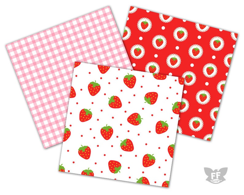 Strawberry Digital Paper, Strawberries Papers, Seamless Pattern, Repeatable Background, Flower Bright Vivid Red Pink Download Commercial Use image 3