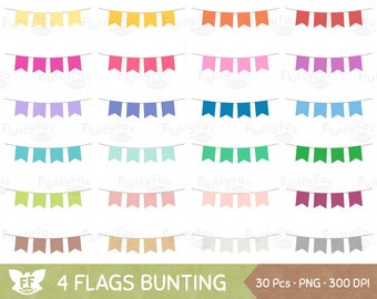Bunting Flag Clipart, Party Banner Clip Art, Pennant 4 Four Flags Set Colorful Rainbow Graphic Birthday Seamless, Digital PNG Download