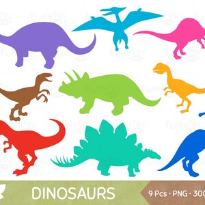 Dinosaurs Silhouette Clipart, Dinosaur Clip Art, Wild Dino Shadow Colorful Prehistoric Animal T-Rex Stegosaurus Raptor, Graphic PNG Download