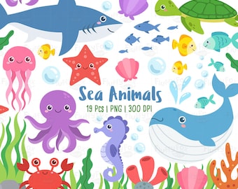 Ocean Animal Clipart, Sea Animals Clip Art, Marine Life Creatures Crab Fish Whale Jellyfish Shark Octopus Underwater, Graphic PNG Download