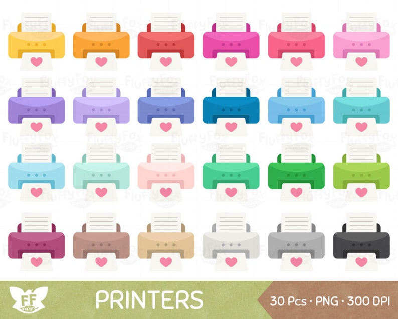 May include: Set of 30 colorful printer icons with a heart shape in the center of each printer. The icons are in various colors, including red, orange, yellow, green, blue, purple, pink, brown, gray, and black. The icons are in a PNG format and are 300 DPI.