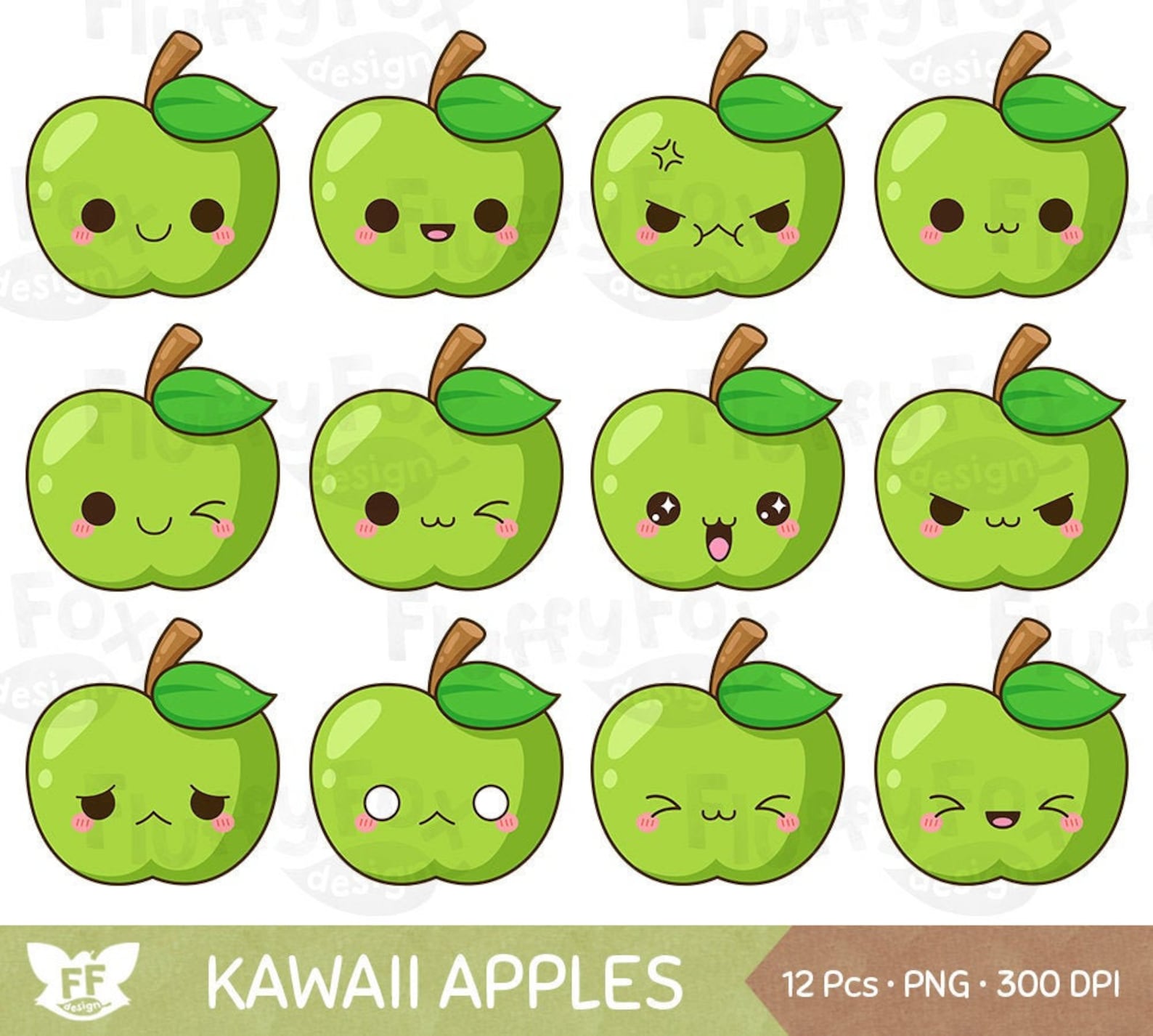 Kawaii Green Apple Clipart Cute Apples Faces Clip Art Fruit | Etsy