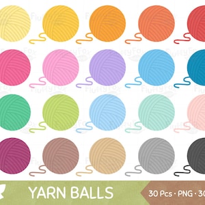 Könnte beinhalten: Eine Sammlung bunter Wollknäuel in verschiedenen Farbtönen, darunter Gelb, Orange, Rot, Rosa, Lila, Blau, Grün und Braun. Jede Kugel hat einen Faden. Der Text "YARN BALLS" wird darunter angezeigt.