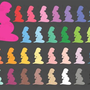 Puede incluir: Una colecci&oacute;n de im&aacute;genes de siluetas coloridas de una persona embarazada. Las siluetas son de varios colores, incluyendo rosa, rojo, azul, verde, amarillo y morado, sobre un fondo gris oscuro. Adecuado para decoraciones de baby shower o anuncios de embarazo.