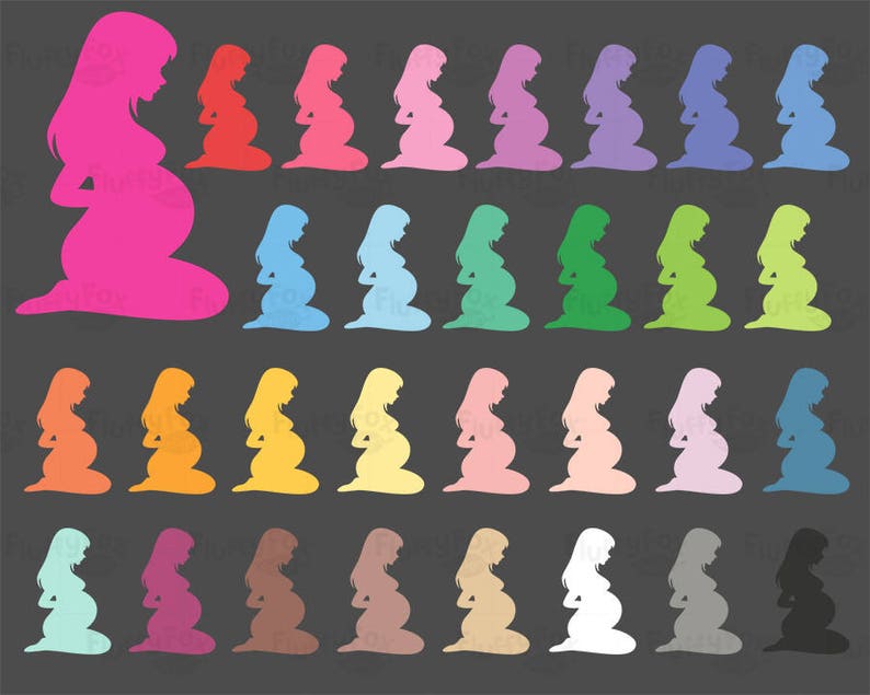 Puede incluir: Una colecci&oacute;n de im&aacute;genes de siluetas coloridas de una persona embarazada. Las siluetas son de varios colores, incluyendo rosa, rojo, azul, verde, amarillo y morado, sobre un fondo gris oscuro. Adecuado para decoraciones de baby shower o anuncios de embarazo.