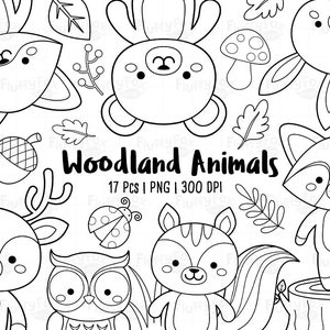 Woodland Animals Digital Stamp, Forest Kids Coloring, Cute Lineart Fox Deer Squirrel Raccoon Rabbit Owl Bear Plants Graphic PNG Download image 1