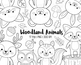 Woodland Animals Digital Stamp, Forest Kids Coloring, Cute Lineart Fox Deer Squirrel Raccoon Rabbit Owl Bear Plants Graphic PNG Download