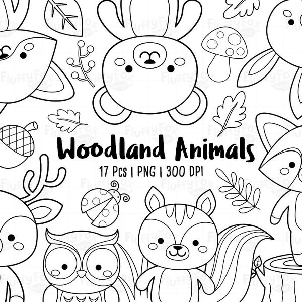 Woodland Animals Digital Stamp, Forest Kids Coloring, Cute Lineart Fox Deer Squirrel Raccoon Rabbit Owl Bear Plants Graphic PNG Download