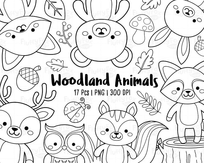 Woodland Animals Digital Stamp, Forest Kids Coloring, Cute Lineart Fox Deer Squirrel Raccoon Rabbit Owl Bear Plants Graphic PNG Download image 1