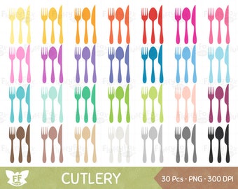 Cutlery Clipart, Eating Utensils, Silverware, Spoon Knife Fork Kitchen Food Meal Dinner Dining Icon Clip Art Rainbow, Commercial Use