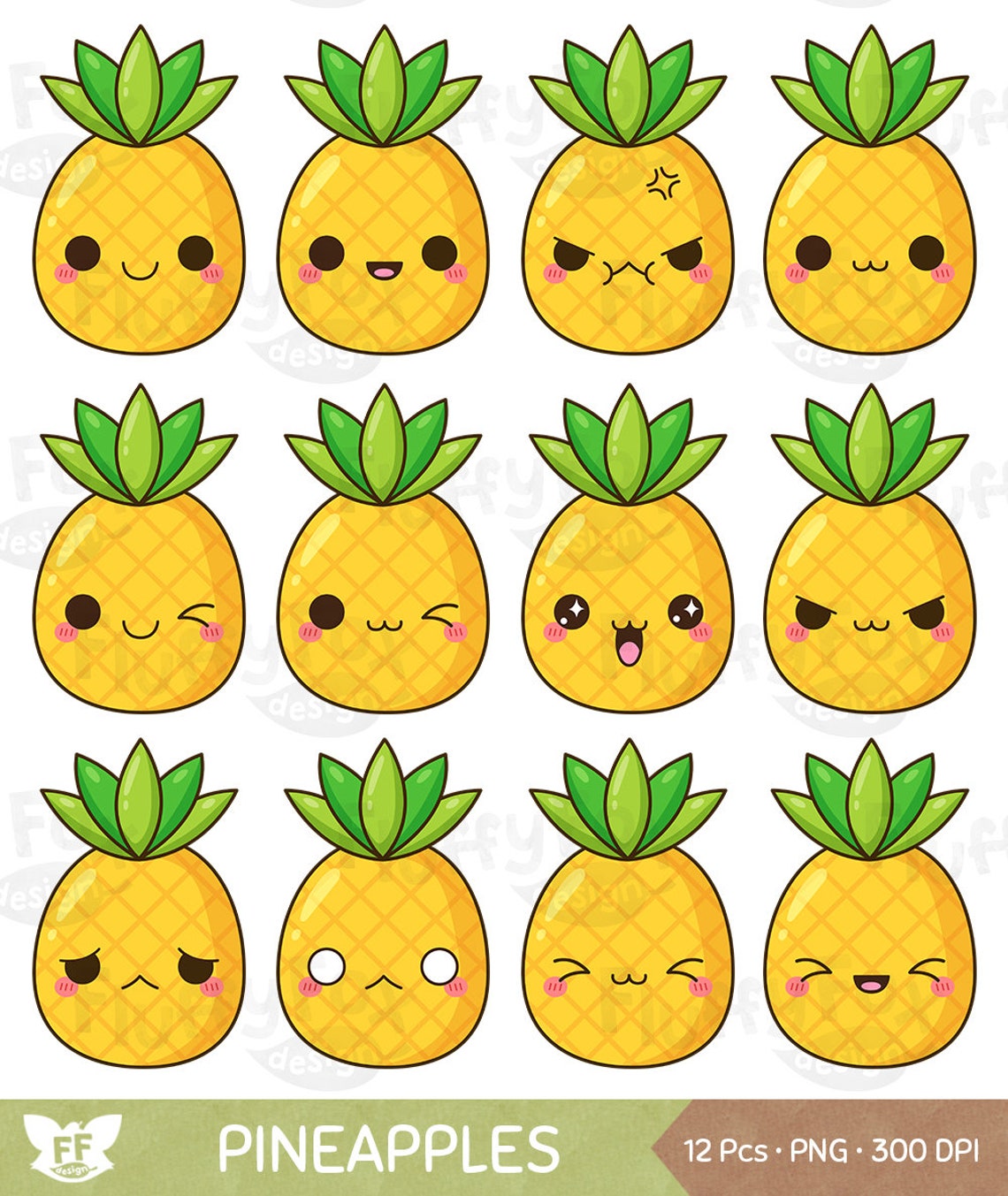 Kawaii piña Clipart, piñas lindas Clip Art, Caras Expresión Fruta ...