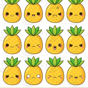 Kawaii Pineapple Clipart, Cute Pineapples Clip Art, Faces Expression Fruit Cartoon Food Tropical Summer Emoji Digital Graphic PNG Download