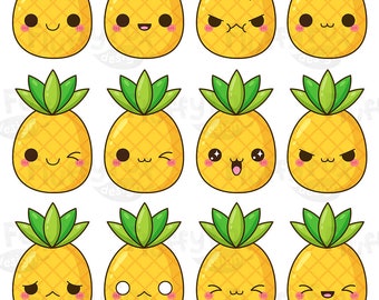 Kawaii Pineapple Clipart, Cute Pineapples Clip Art, Faces Expression Fruit Cartoon Food Tropical Summer Emoji Digital Graphic PNG Download