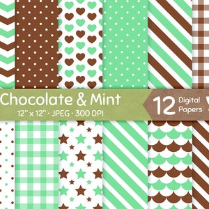 Chocolate and Mint Digital Paper Set, Choco-Mint Seamless Patterns Tileable Background, Brown Green Cute Fresh Baby Shower Girl Boy Download
