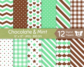 Chocolate and Mint Digital Paper Set, Choco-Mint Seamless Patterns Tileable Background, Brown Green Cute Fresh Baby Shower Girl Boy Download