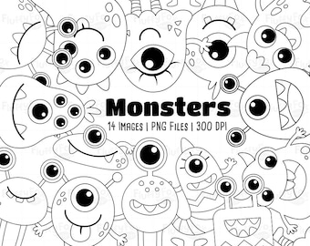 Monsters Digital Stamp, Weird Creature Stamps, Cute Colorful Alien Creepy Funny Critter Character Halloween Fantasy, Graphic PNG Download