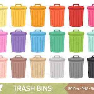 以下が含まれることがあります： 30個のカラフルなゴミ箱のイラストのセット。ゴミ箱は、ピンク、イエロー、オレンジ、レッド、パープル、ブルー、グリーン、ブラウン、ベージュ、グレー、ブラックなど、さまざまな色があります。ゴミ箱はすべて同じサイズと形であり、シンプルで漫画のようなデザインです。