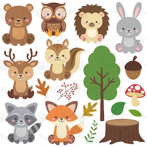 Woodland Animals Clipart, Forest Animal Clip Art, Wild Cute Garden Fox Deer Squirrel Raccoon Rabbit Owl Bear Hedgehog Graphic PNG Download image 2