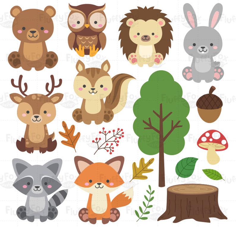 Woodland Animals Clipart, Forest Animal Clip Art, Wild Cute Garden Fox Deer Squirrel Raccoon Rabbit Owl Bear Hedgehog Graphic PNG Download image 2