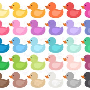 May include: A set of 24 rubber duckies in various colors, including yellow, pink, blue, green, red, purple, orange, and brown. The ducks are all facing the same direction and have a simple, cartoonish design.