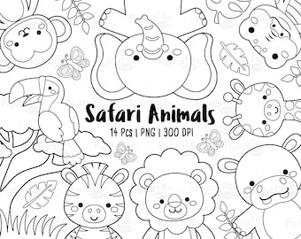 Safari Animals Digital Stamp, Wildlife Animal Coloring, Wild Cute Lion Monkey Elephant Zebra Hippo Alligator Giraffe Graphic PNG Download