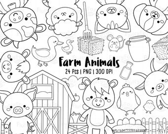 Farm Animals Digital Stamp, Livestock Animal Stamps, Cute Colorful Pet Ranch Barn Dog Horse Pig Cow Sheep Chicken Duck Graphic PNG Download