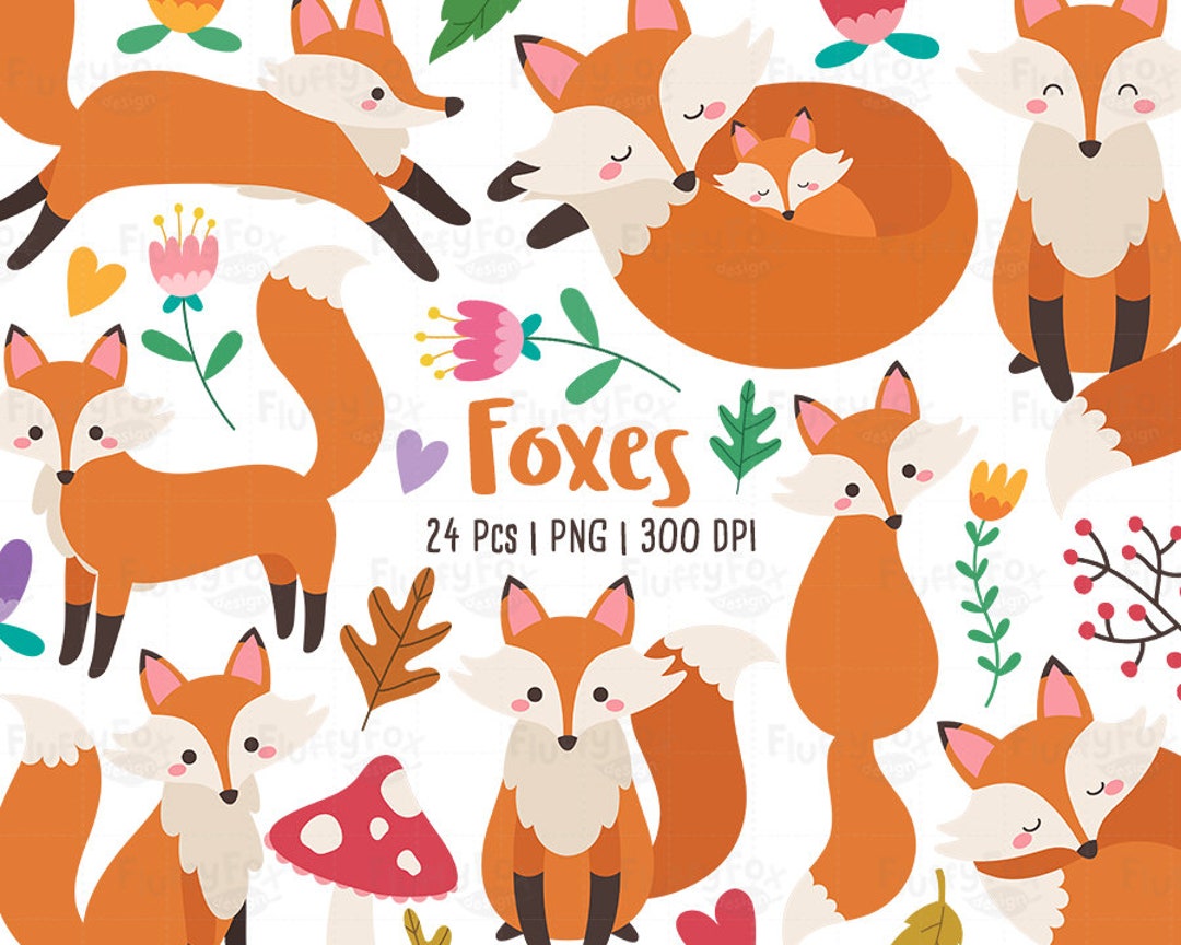 Foxes Clipart, Forest Animal Clip Art, Wild Cute Garden Fox Vixen