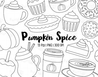 Pumpkin Spice Digital Stamp, Autumn Treats Stamps, Tasty Fall Food Snack Sweets Drinks Dessert Pie Cupcake Clipart, Graphic PNG Download