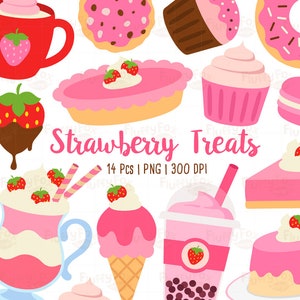 Clipart truskawkowych smakołyków, różowy deser clipart, czekoladowe jedzenie przekąska ciasto słodycze parfait makaronik owocowy placek babeczka, grafika PNG do pobrania