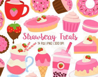 Strawberry Treats Clipart, Pink Dessert Clip Art, Chocolate Food Snack Cake Sweets Parfait Macaron Fruit Pie Cupcake, Graphic PNG Download