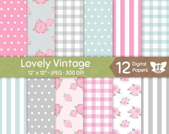 Lovely Vintage Digital Paper, Seamless Pattern, Tileable Background, Pastel Plaid Flower Retro Stripes Polkadot Floral Patterns Soft Color