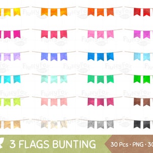 Könnte beinhalten: Eine Sammlung farbenfroher Aquarell-Wimpelketten in verschiedenen Farbtönen, darunter Gelb, Orange, Rot, Rosa, Lila, Blau, Grün und Braun. Jedes Flaggen-Set besteht aus drei Flaggen, die an einer dünnen Schnur befestigt sind. Der Text "3 FLAGS BUNTING" ist sichtbar.