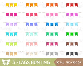 Watercolor Bunting Three Flags Clipart, Party Banner Clip Art 3 Flag Pennant Colorful Rainbow Graphic Birthday Seamless Digital PNG Download