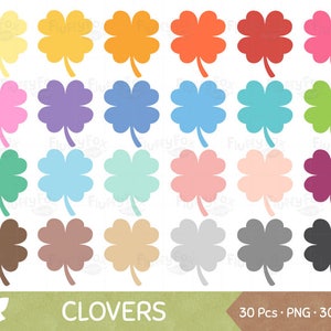 Könnte beinhalten: Eine Sammlung von dreißig farbenfrohen vierblättrigen Kleeblattgrafiken in verschiedenen Farbtönen, darunter Gelb, Orange, Rot, Rosa, Lila, Blau, Grün und Braun. Das Wort "CLOVERS" steht in weißer Schrift auf einem grünen Banner.