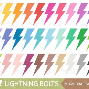 May include: Set of 30 lightning bolt clip art images in various colors. The bolts are all the same shape, but in different colors, including yellow, orange, red, pink, purple, blue, green, brown, gray, and black.
