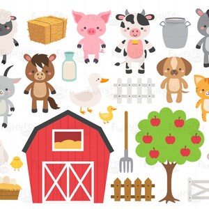 May include: A set of farm animal illustrations, including a pig, cow, sheep, donkey, goat, horse, chicken, cat, dog, goose, and mouse. There is also a red barn, a bale of hay, a milk jug, a fence, a tree with apples, and a pitchfork.