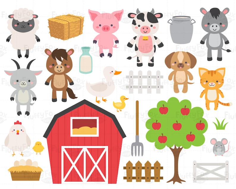 May include: A set of farm animal illustrations, including a pig, cow, sheep, donkey, goat, horse, chicken, cat, dog, goose, and mouse. There is also a red barn, a bale of hay, a milk jug, a fence, a tree with apples, and a pitchfork.