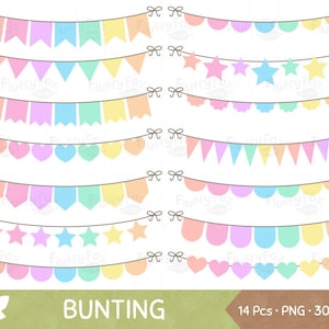 Pastel Rainbow Bunting Flag Clipart, Party Banner Clip Art, Pennant Garland Soft Colorful Graphic Birthday Seamless, Digital PNG Download image 1