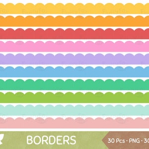 May include: A collection of colorful scalloped borders in various shades, including yellow, orange, red, pink, purple, blue, green, and light blue. The word "Borders" is displayed in white text on a green banner at the bottom.