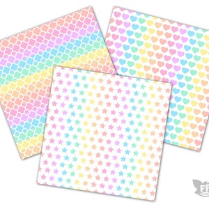 Może przedstawiać: Trzy wzory papieru cyfrowego w pastelowych kolorach tęczy. Pierwszy wz&oacute;r ma geometryczny wz&oacute;r z gradientem tęczy. Drugi wz&oacute;r ma białe tło z gradientem tęczy gwiazd. Trzeci wz&oacute;r ma białe tło z gradientem tęczy serc.