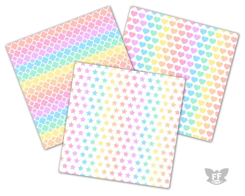 Może przedstawiać: Trzy wzory papieru cyfrowego w pastelowych kolorach tęczy. Pierwszy wz&oacute;r ma geometryczny wz&oacute;r z gradientem tęczy. Drugi wz&oacute;r ma białe tło z gradientem tęczy gwiazd. Trzeci wz&oacute;r ma białe tło z gradientem tęczy serc.