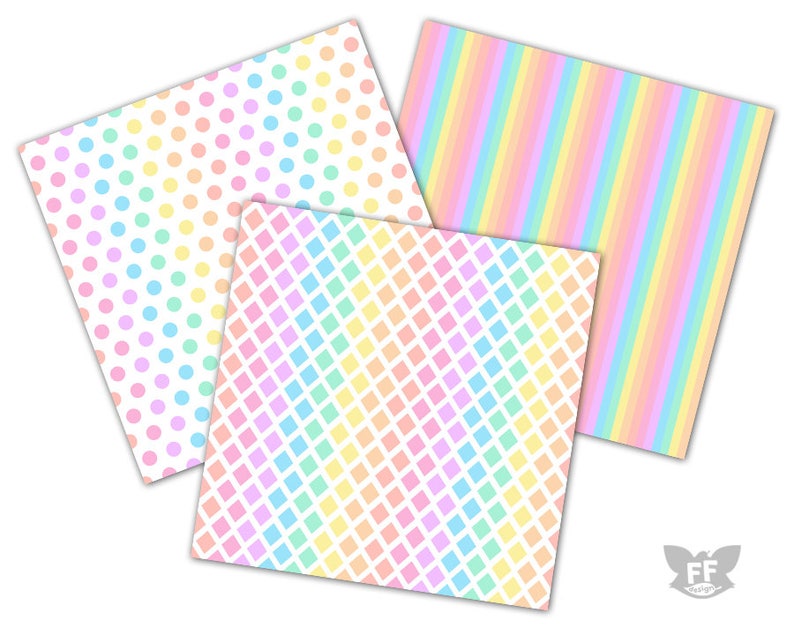 Może przedstawiać: Trzy wzory papieru cyfrowego w pastelowych kolorach tęczy. Pierwszy wz&oacute;r to białe tło z gradientem pastelowych kropek tęczy. Drugi wz&oacute;r to białe tło z gradientem pastelowych kwadrat&oacute;w tęczy. Trzeci wz&oacute;r to białe tło z pionowymi paskami w pastelowych kolorach tęczy.