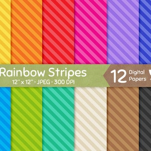 Op de afbeelding: Een verzameling van 12 digitale papieren met diagonale regenboogstrepen. Elk papier is 30,48 cm x 30,48 cm groot en heeft een andere kleurencombinatie, waaronder geel, oranje, rood, roze, paars en blauw. Getiteld "Rainbow Stripes".