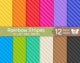 Rainbow Stripes Digital Paper, Diagonal Striped Papers, Bright Bold Seamless Pattern, Tileable Repeatable Background, Commercial Use