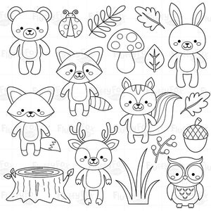Woodland Animals Digital Stamp, Forest Kids Coloring, Cute Lineart Fox Deer Squirrel Raccoon Rabbit Owl Bear Plants Graphic PNG Download image 2