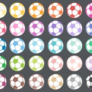 May include: A set of 36 colorful soccer balls with white stitching. The balls are arranged in a grid pattern on a dark gray background.