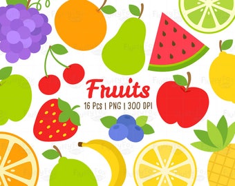 Fruits Clipart, Fruit Clip Art, Grape Banana Pineapple Apple Blueberry Watermelon Lemon Strawberry Cherry Orange Citrus Graphic PNG Download